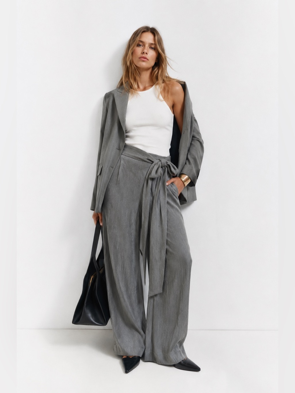 Zara Gray Wide-Leg High-Rise Tie-Waist Dress Pants Small 4/6 Office Bohemian
